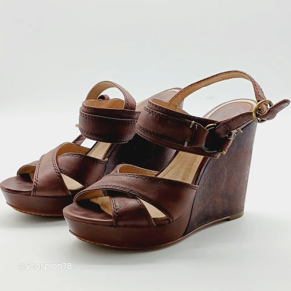 Frye Alexa Criss Cross Wedge Sandals in Brown Leather Size 7.5 for Women - Picture 2 of 7